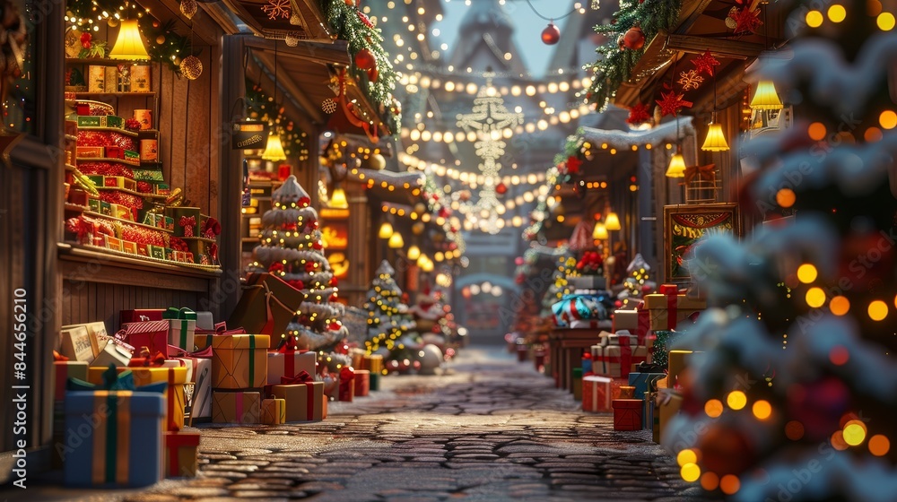 A long, narrow street is decorated with Christmas lights and trees, busy market with holiday sign, Christmas in July A long, narrow street is decorated with Christmas lights and trees, busy market with holiday sign, Christmas in July