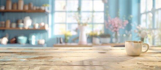 Blurred wood texture table with a clear view of a terrace office window, creating a modern and inviting scene for a Christmas breakfast on a light blue pastel background in a grocery shop.
