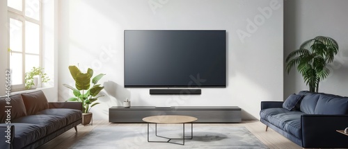 TV mockup, the tv is showing dark gray glass screen,white color wall, modern living room © STOCKYE STUDIO