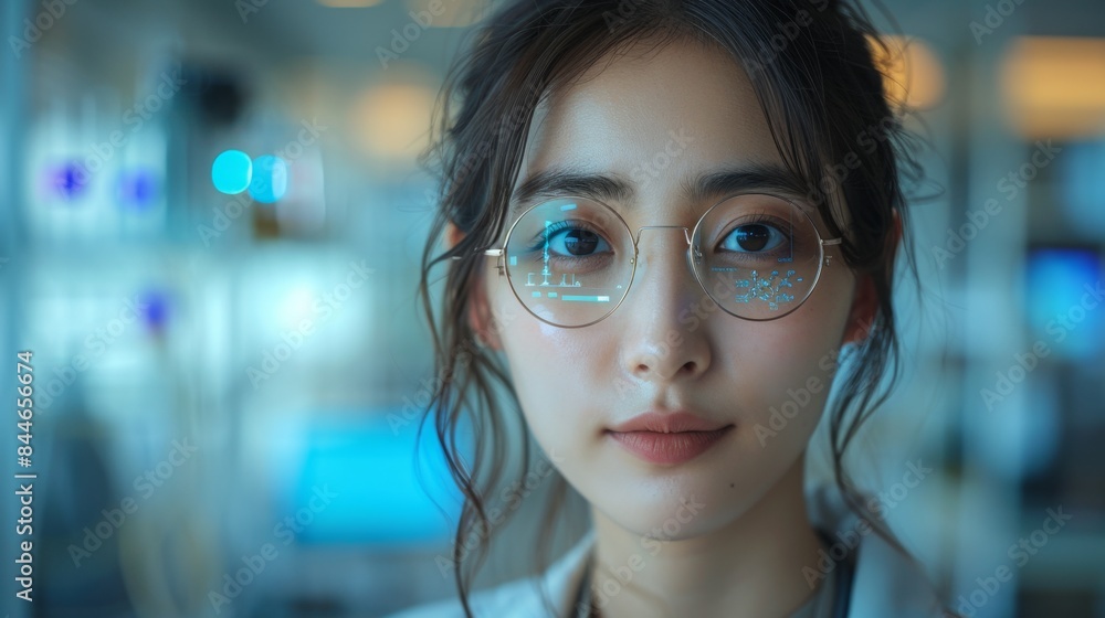 Young scientist in a high-tech laboratory using augmented reality glasses, with futuristic digital interfaces and holographic displays, emphasizing innovation and technology. Young scientist in a high-tech laboratory using augmented reality glasses, with futuristic digital interfaces and holographic displays, emphasizing innovation and technology.