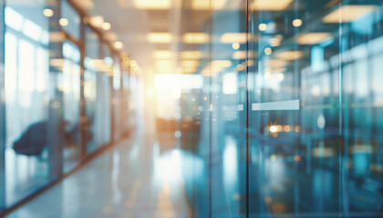 A blurry view of a modern office space with glass doors and windows, featuring natural light and bright colors.