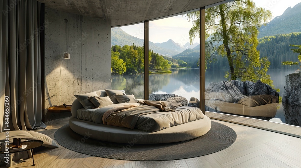 Fototapeta premium Atmospheric contemporary bedroom, round bed and outdoor view, skay