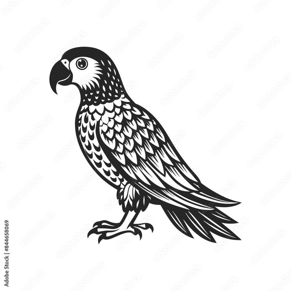 Tropical parrot bird. Black silhouette on a white background. Engraving, tattoo. Illustration Tropical parrot bird. Black silhouette on a white background. Engraving, tattoo. Illustration