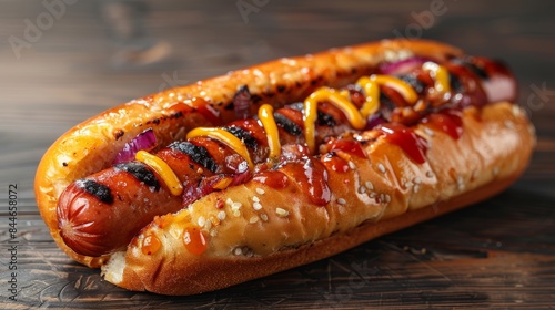 A succulent grilled hot dog with various condiments on a sesame seed bun, served on a wooden surface