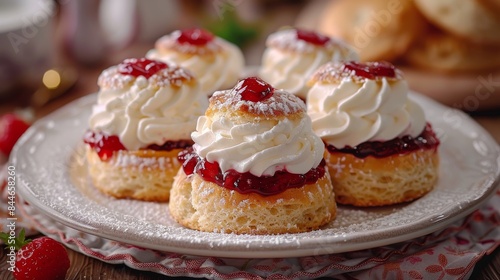 Elegant looking scones with cream and berry jam on a white plate for tea time