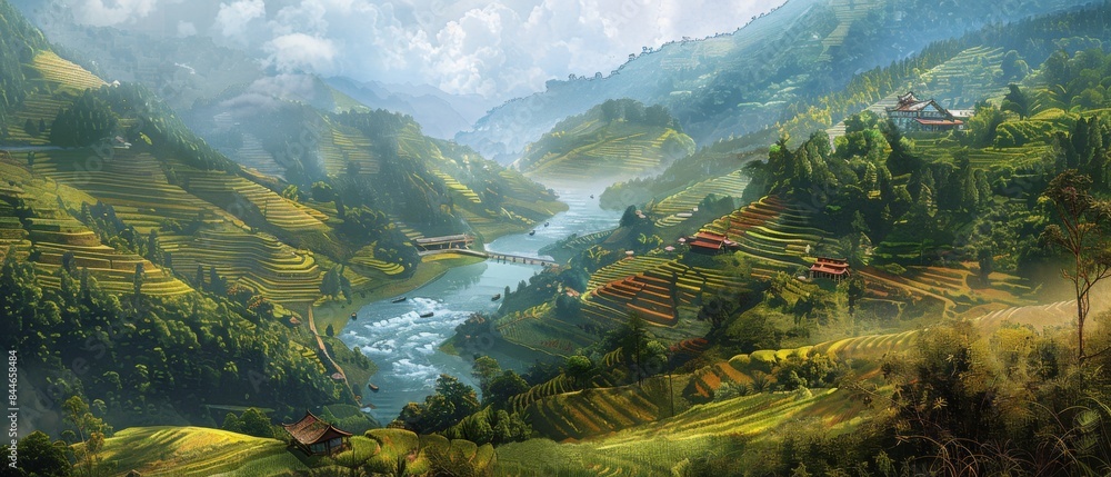 In a beautiful landscape, terraced farms dot the hillsides, harmoniously blending nature and agriculture with the flow In a beautiful landscape, terraced farms dot the hillsides, harmoniously blending nature and agriculture with the flow