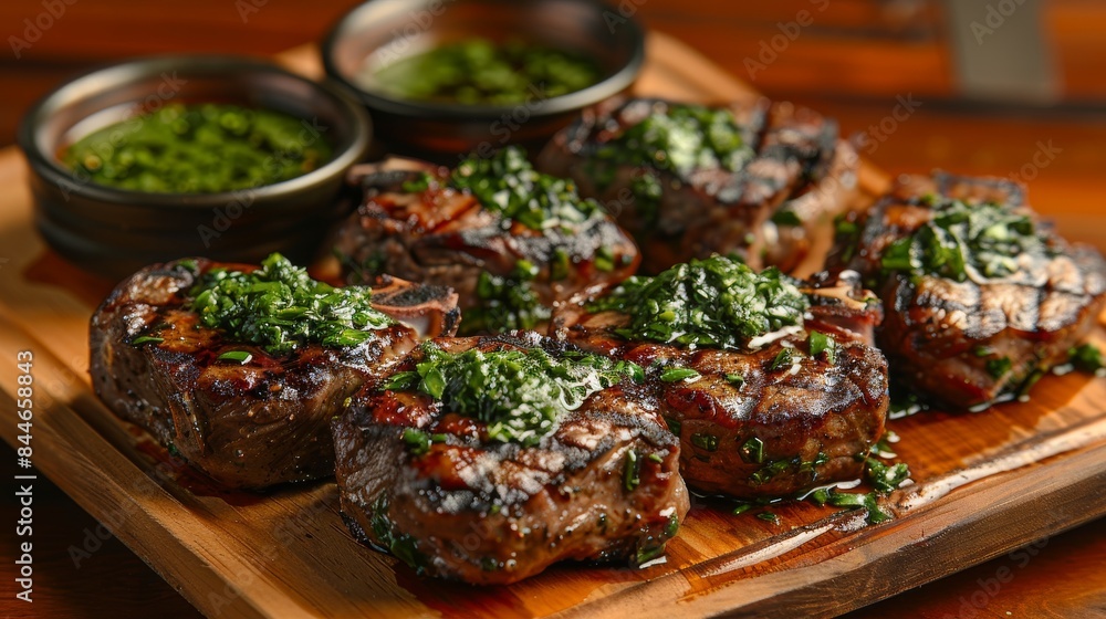 Delectable grilled steaks garnished with fresh chimichurri on a rustic wooden board Delectable grilled steaks garnished with fresh chimichurri on a rustic wooden board
