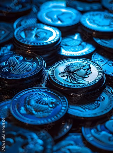 Blue Toned Collectible Coins Close Up