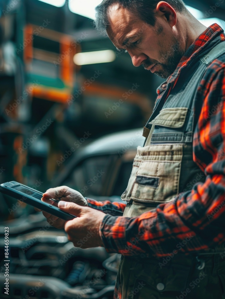 Man inspecting cellphone in garage Man inspecting cellphone in garage