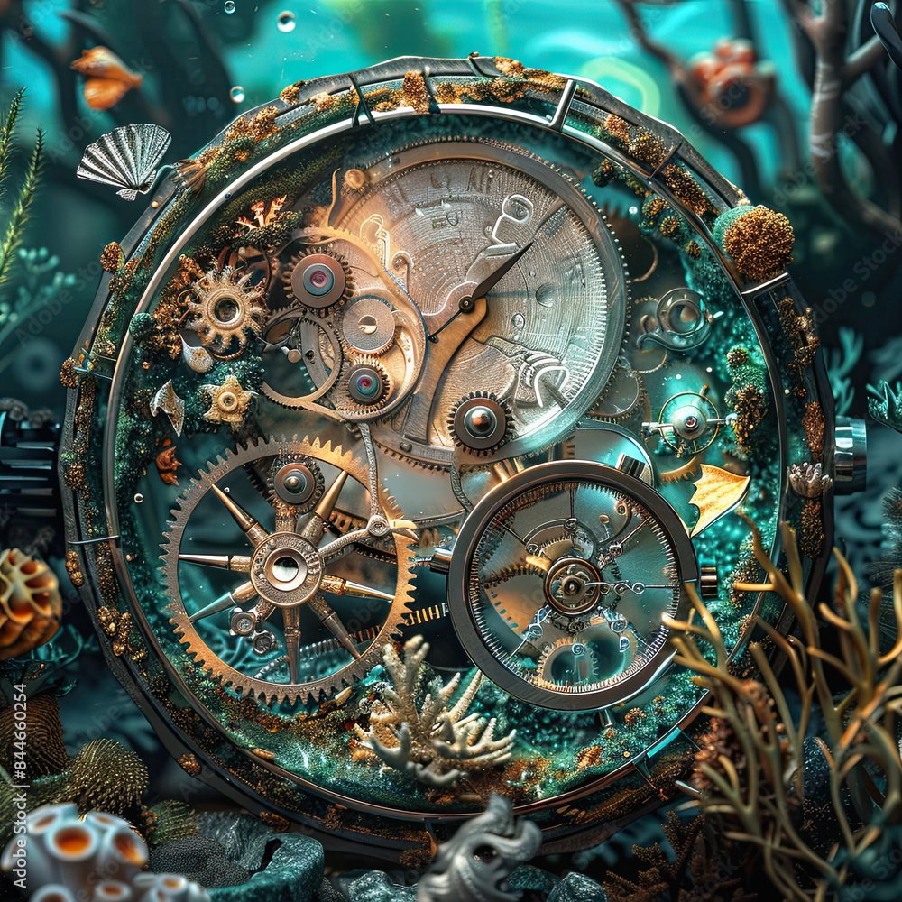 Antique clock in the style of surreal fantasy Imagine and demonstrate the cogs within.