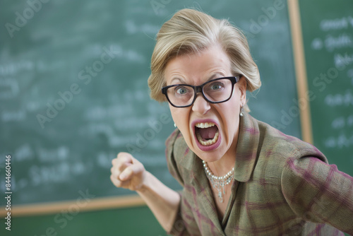 Aggressive Lehrerin ballt vor einer Tafel die Faust photo