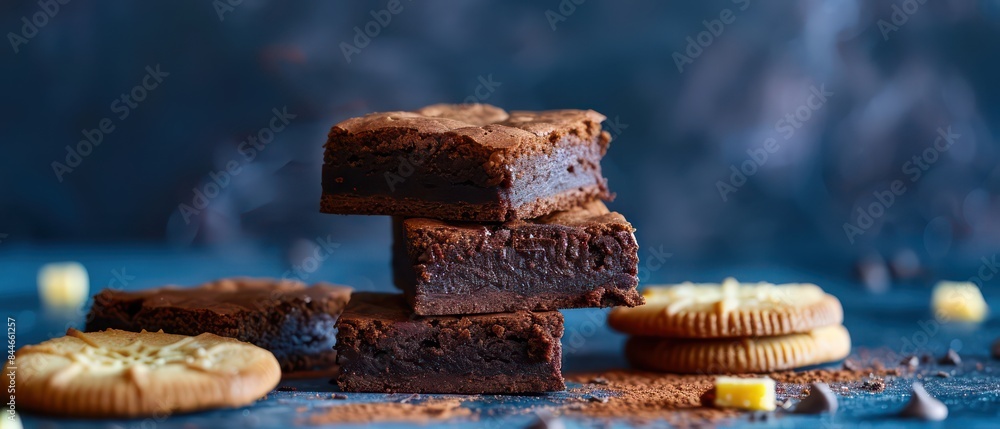 chocolate brownies and vanilla cookies, on a dark blue background chocolate brownies and vanilla cookies, on a dark blue background