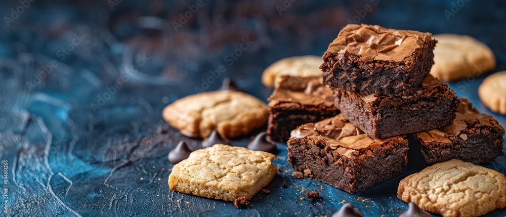 chocolate brownies and vanilla cookies, on a dark blue background chocolate brownies and vanilla cookies, on a dark blue background