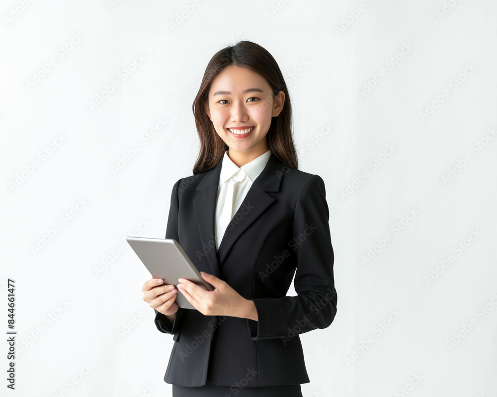 Image of young asian woman, company worker in glasses, smiling and holding digital tablet, standing over white background Image of young asian woman, company worker in glasses, smiling and holding digital tablet, standing over white background