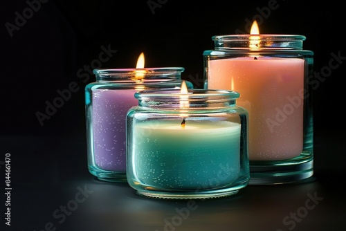 A trio of scented candles in glass jars, with varying heights and soft, pastel colors, creating a relaxing ambiance. Isolated on a Black Background photo