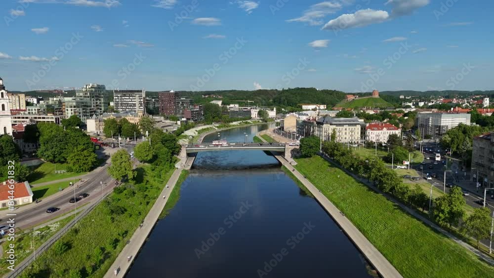 Aerial view of the Green Bridge spanning the Neris River in Vilnius, Lithuania with cityscape and greenery. Aerial view of the Green Bridge spanning the Neris River in Vilnius, Lithuania with cityscape and greenery.