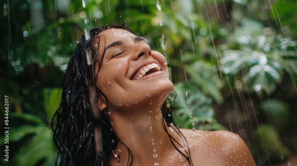 A woman is happily smiling with water dripping down her hair while taking a shower in the rain, enjoying the leisure of being surrounded by nature A woman is happily smiling with water dripping down her hair while taking a shower in the rain, enjoying the leisure of being surrounded by nature