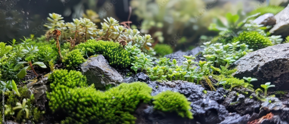 Tiny forest floor flourishes with verdant moss, offering a tranquil retreat in nature's embrace Tiny forest floor flourishes with verdant moss, offering a tranquil retreat in nature's embrace