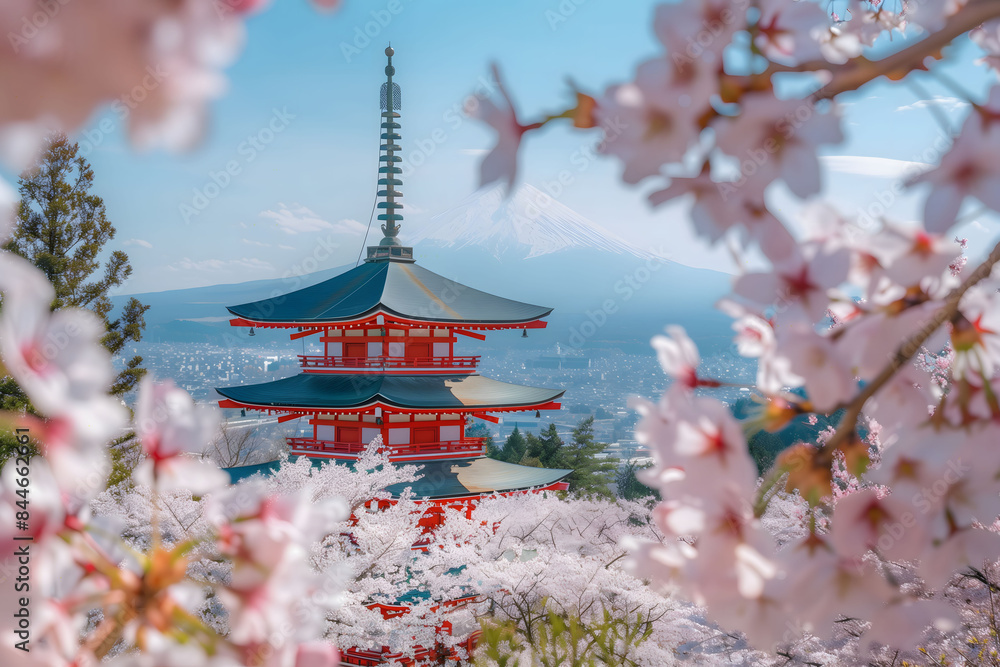 A beautiful cherry blossom tree with pink flowers and a red roof A beautiful cherry blossom tree with pink flowers and a red roof