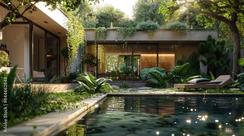 Serene Luxury Garden with Modern House and Reflective Pool Serene Luxury Garden with Modern House and Reflective Pool