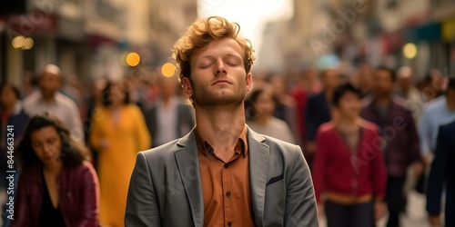 Man discovers inner peace in the midst of chaos on a bustling city street with eyes closed. Concept Urban Tranquility, Inner Peace Discovery, Cityscape Meditation, Chaos Reflection photo