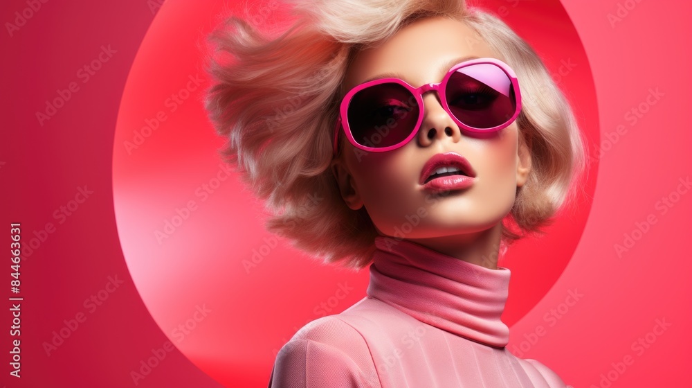 Stylish Woman with Pink Sunglasses on Red Background Stylish Woman with Pink Sunglasses on Red Background
