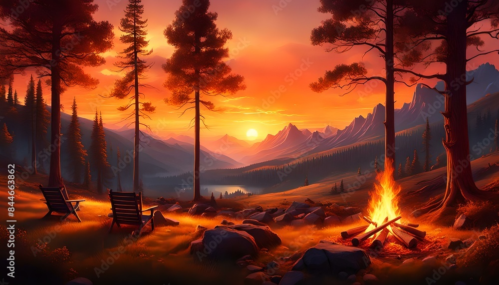 A peaceful mountain meadow at sunset, a campfire. The fire crackles rhythmically created with Generative AI technology. A peaceful mountain meadow at sunset, a campfire. The fire crackles rhythmically created with Generative AI technology.