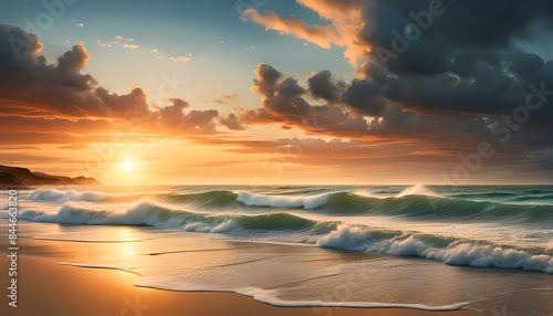 A peaceful beach at sunrise. Soft waves lap rhythmically against the sand created with Generative AI technology.