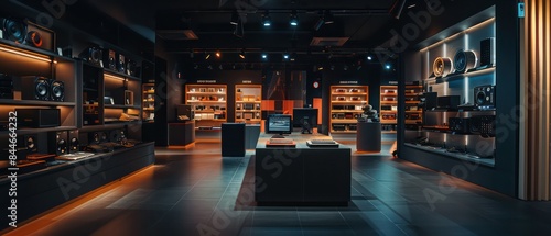 dark store with high end tech products on display, LED lighting, wooden shelves and displays