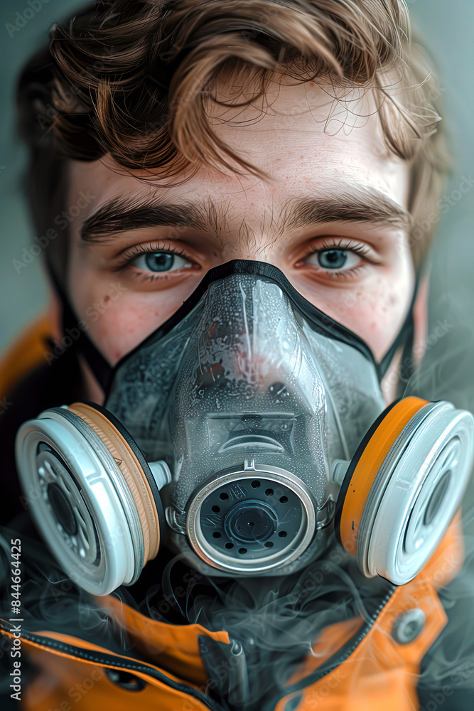 A close-up shot of a young man wearing a respirator. A close-up shot of a young man wearing a respirator.