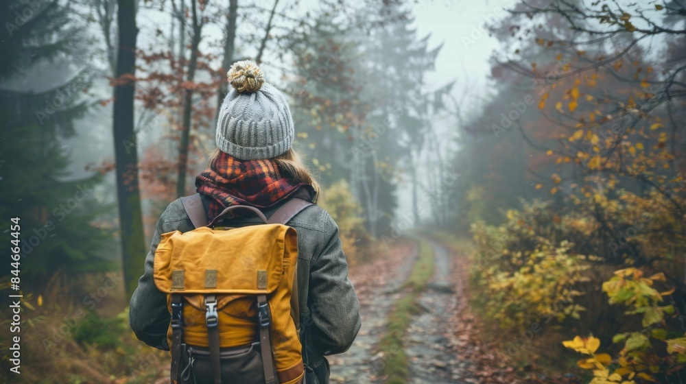 Foggy cold morning weather in autumn. Woman with backpack and knit hat hiking in forest at fall season Foggy cold morning weather in autumn. Woman with backpack and knit hat hiking in forest at fall season