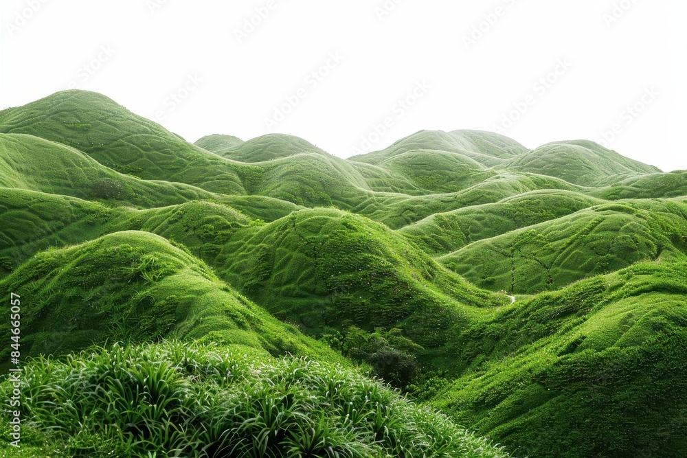 Lush green hills in a panoramic view, showcasing the beauty and tranquility of nature, isolated white background Lush green hills in a panoramic view, showcasing the beauty and tranquility of nature, isolated white background