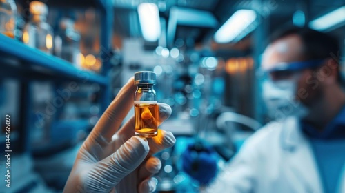 Close-up of a scientist's hand holding a vial of a new drug. The background features a laboratory setting with various scientific instruments slightly out of focus. The image emphasizes the photo