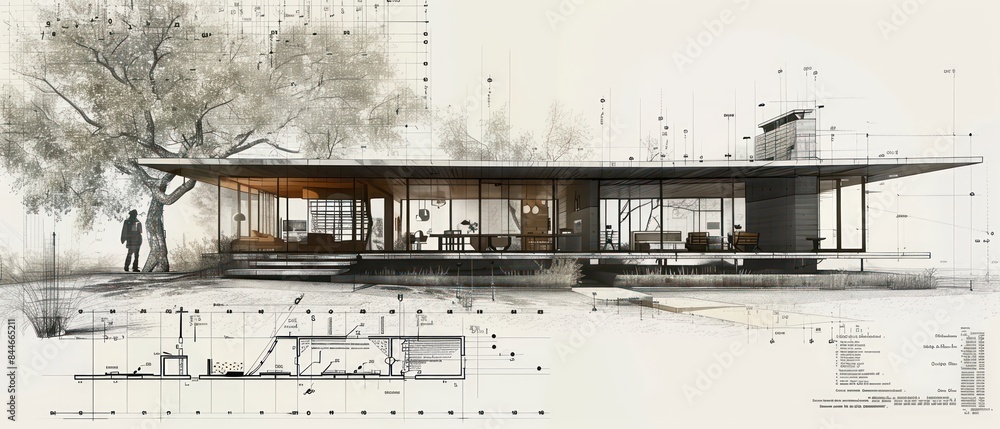 Architectural drawings of a modern home with highly detailed measurements calculations formulas and notes, grey, white, black Architectural drawings of a modern home with highly detailed measurements calculations formulas and notes, grey, white, black
