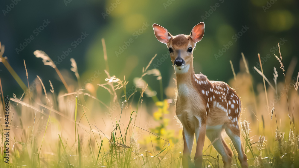 A little deer stands in a meadow in the forest