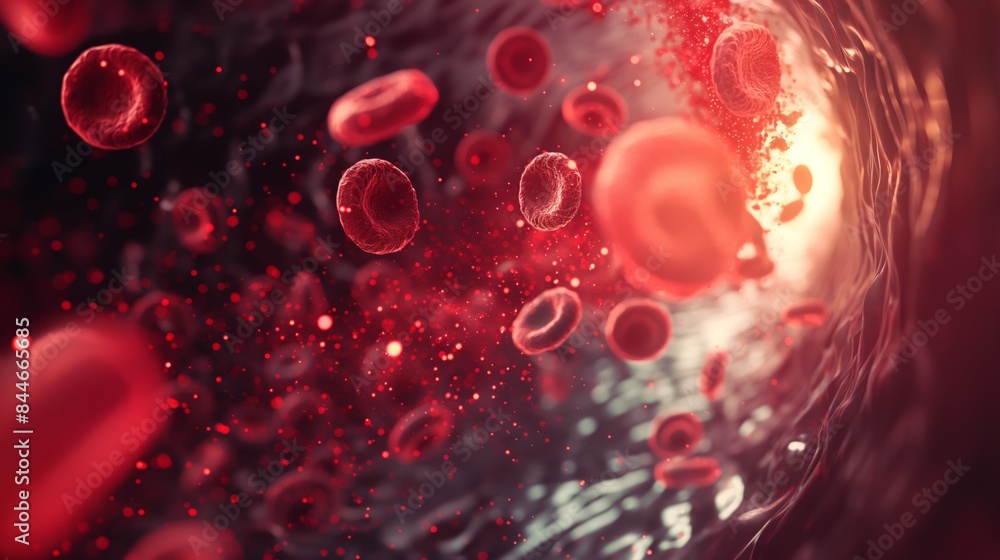 3D illustration of red blood cells flowing through a blood vessel. 3D illustration of red blood cells flowing through a blood vessel.