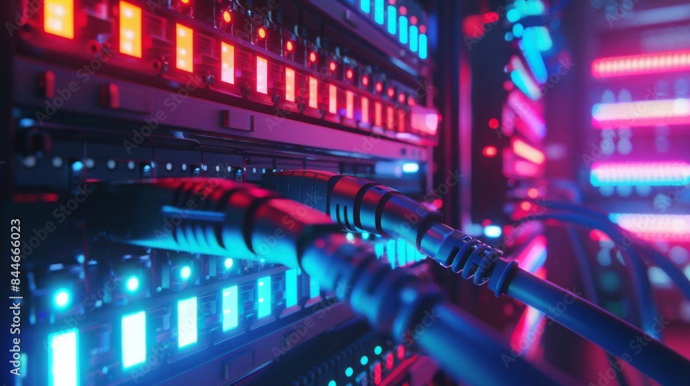 Fototapeta premium Network hardware. Telecommunication technologies. Server room. Modem with fiber optic cables. Router in server room. Hosting equipment. Internet communications. Server technologies