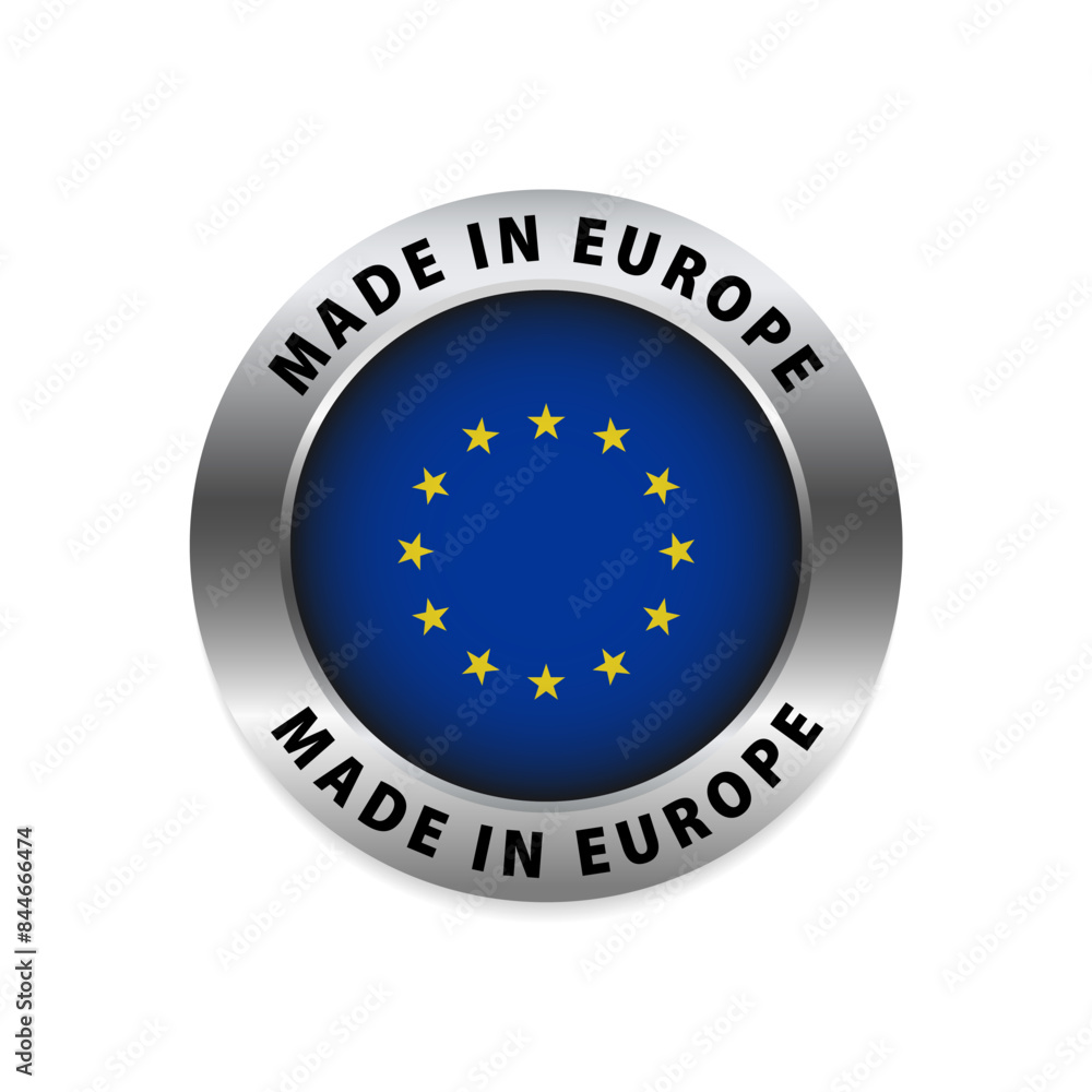 Made in Europe silver badge and icon with central glossy. Made in Europe round label vector symbol. Vector illustration Made in Europe silver badge and icon with central glossy. Made in Europe round label vector symbol. Vector illustration