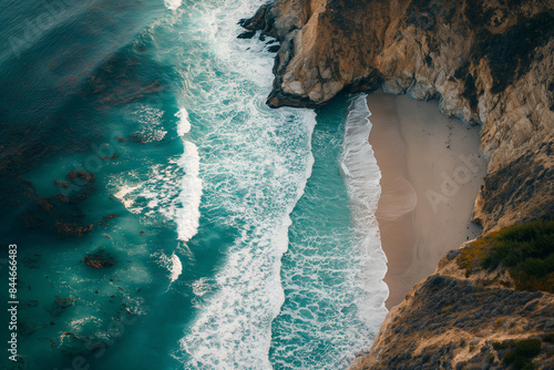 drone shot of a scenic coastline with cliffs and waves