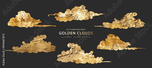 Golden Chinese clouds on black background. Set of decorative elements for your design. Gold acrylic paint, gold leaf. Vector collection