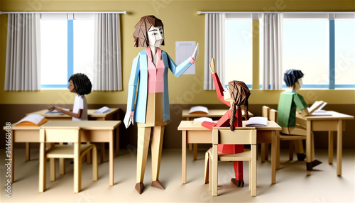 Origami Classroom Scene with Teacher and Students