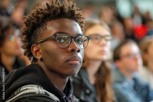 Young man with glasses and afro looking at camera