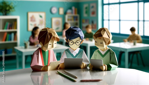 Professional Origami Classroom Scene: Three Students Engaged with Digital Tablet