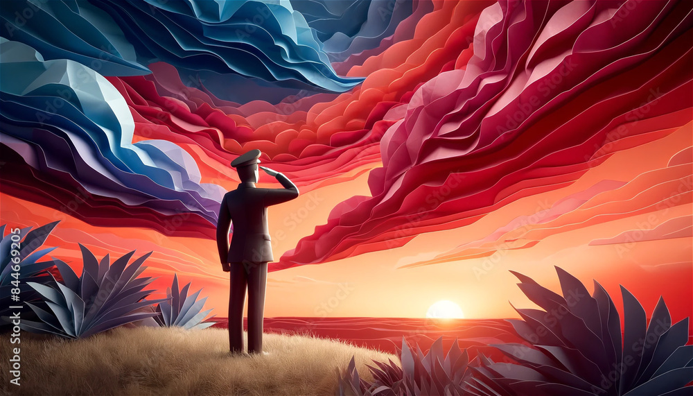 Fototapeta premium Origami Silhouette Saluting at Sunset: Folded Paper Art of Respectful Figure Against Vibrant Red, Orange, Pink, and Purple Sky