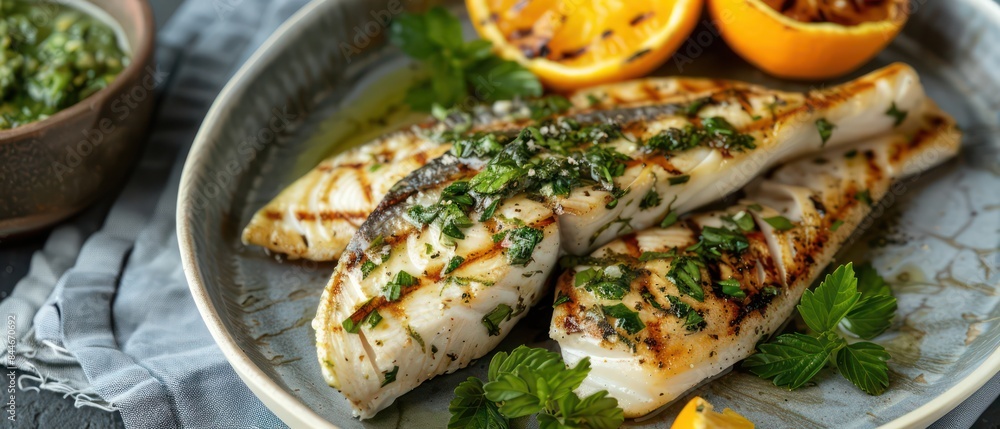 grilled fish with herb dressing and grill half cut citrus on oval plate, dark grey background grilled fish with herb dressing and grill half cut citrus on oval plate, dark grey background