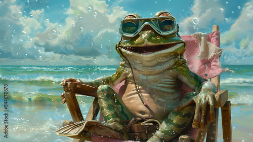 A frog relaxes on a beach chair, wearing a diving mask and basking in the sun at the seaside. Perfect for summer, vacation, and relaxation themes