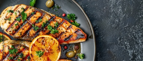 grilled fish with herb dressing and grill half cut citrus on oval plate, dark grey background photo