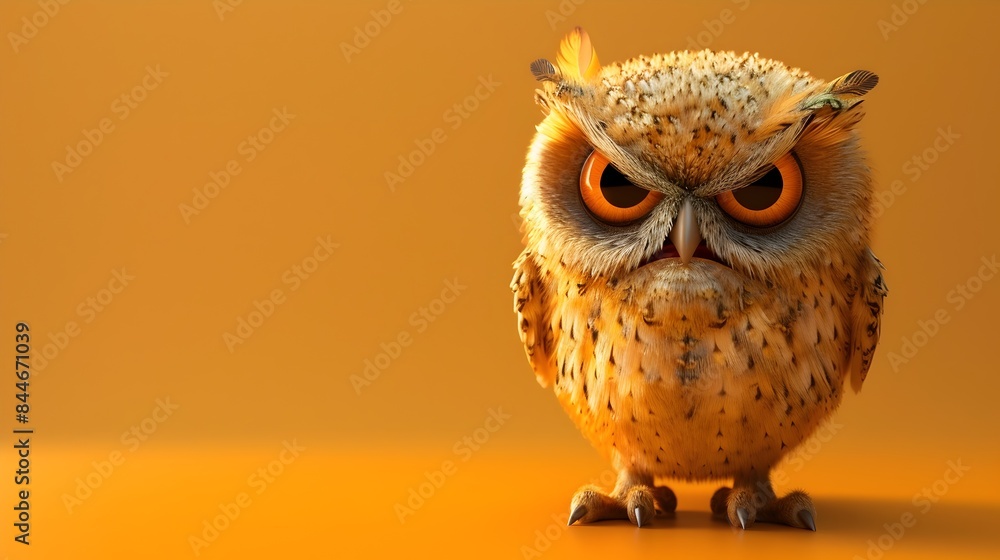 Sleek 3D Owl with Disgusted Expression on Plain Orange Background Sleek 3D Owl with Disgusted Expression on Plain Orange Background