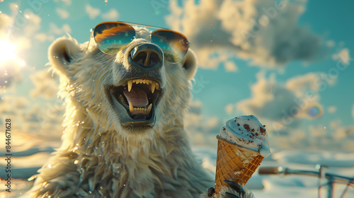 A smiling polar bear sporting sunglasses holds a waffle cone topped with a scoop of ice cream, exuding whimsical charm against a vibrant backdrop photo
