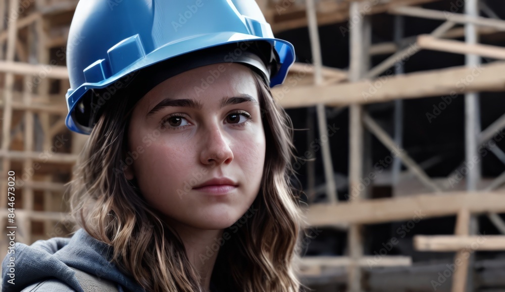 Close-up portrait of a woman wearing a helmet on a construction site Close-up portrait of a woman wearing a helmet on a construction site